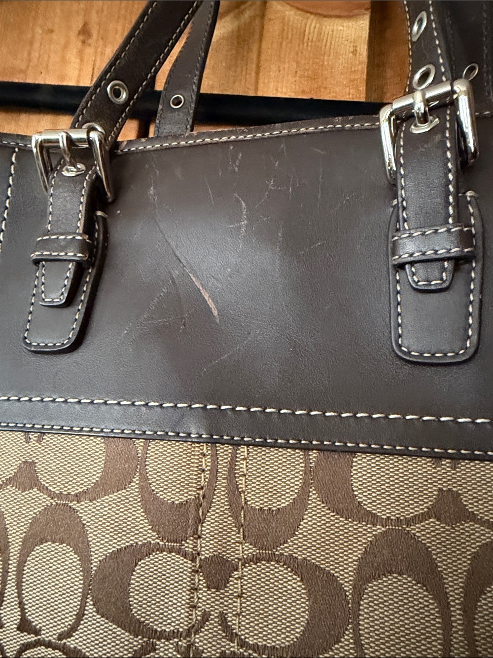 COACH Brown Signature Canvas Tote with Dark Brown Leather Trim - Picture 4 of 11
